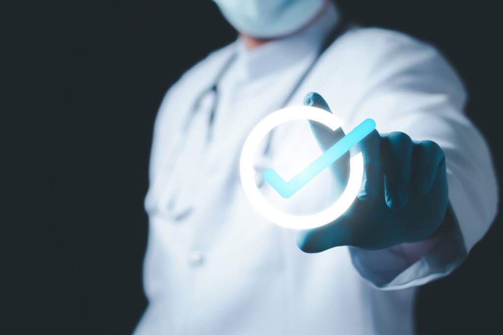 Doctor hold check mark, Concept of medicine and pharmacy standar